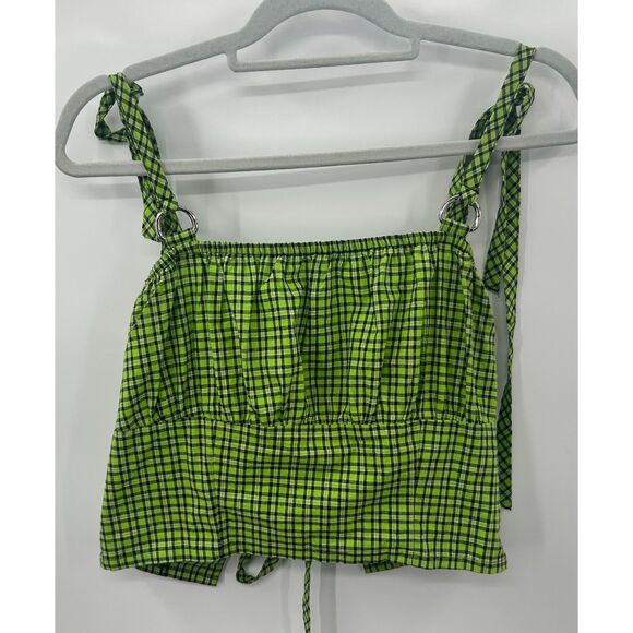 The Ragged Priest Tops - The Ragged Priest Plaid Gingham Cropped Tie Tank Top M O Ring Green Black